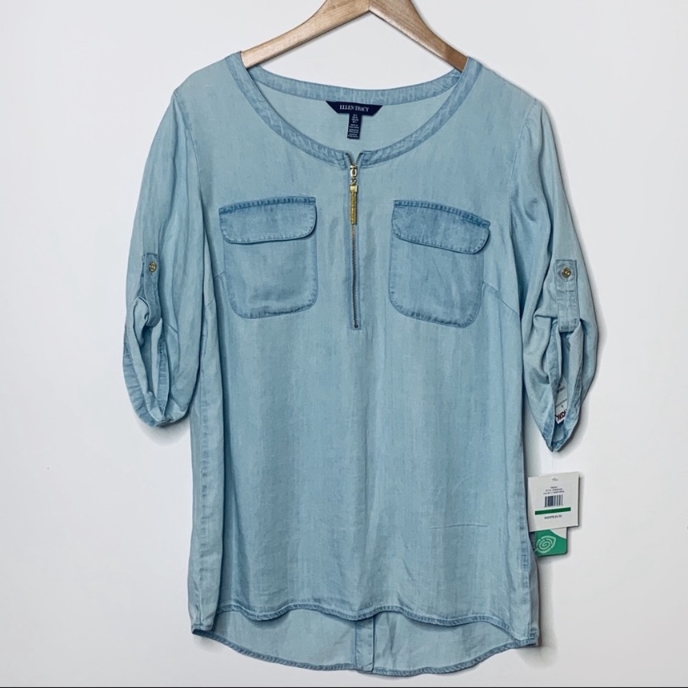 NWT ELLEN TRACY | Light Denim Blue Chambray Top